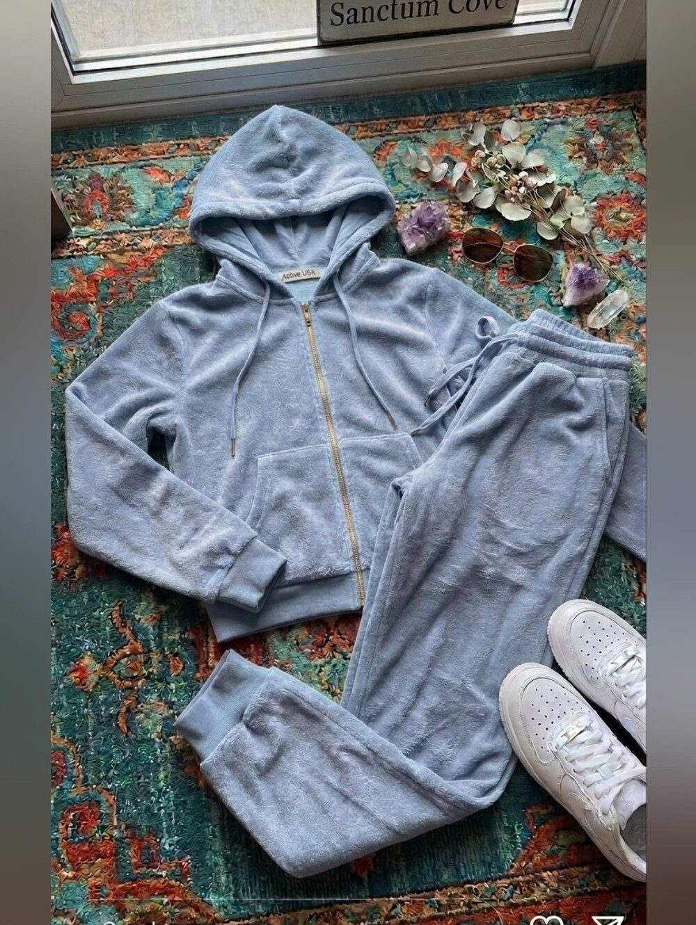 Plush Teddy Fleece Lounge Full Zip Hoodie & Jogger Set / Icy Blue